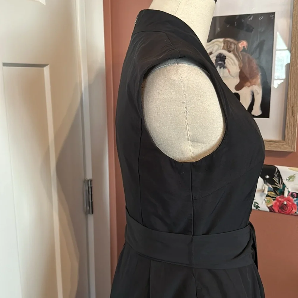 CUE made in Australia black origami faux wrap cap sleeve 6 mini pockets dress